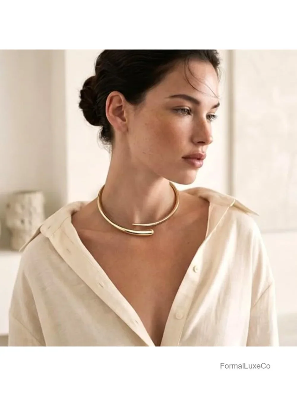 Chunky Gold Plated Brass Statement Open Cuff Choker Necklace